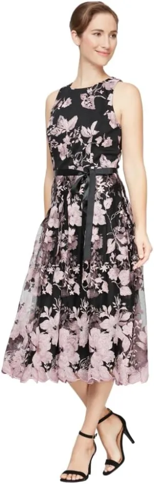 Alex Evenings Women's Sleeveless Midi Dress with Elegant Embroidery, Full Skirt and Tie Belt (Petite and Regular Sizes)