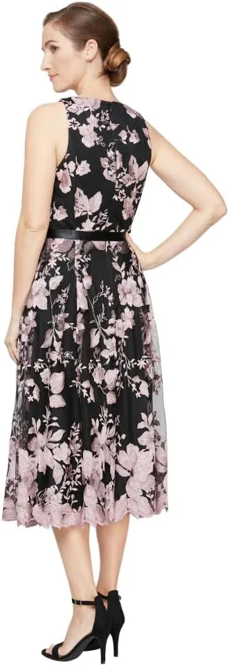 Alex Evenings Women's Sleeveless Midi Dress with Elegant Embroidery, Full Skirt and Tie Belt (Petite and Regular Sizes)