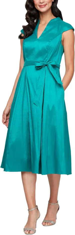 Alex Evenings Women's Stretch Taffeta Wedding Guest Dress with Full Skirt, Pockets, and Tie Belt (Petite and Regular Sizes)