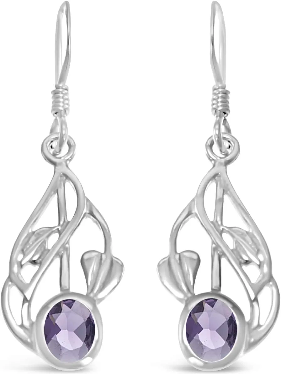 Alexander Castle Charles Rennie Mackintosh Amethsyt 925 Sterling Silver Earrings for Women - Drop Earrings with Jewellery Gift Box - 20mm x 10mm
