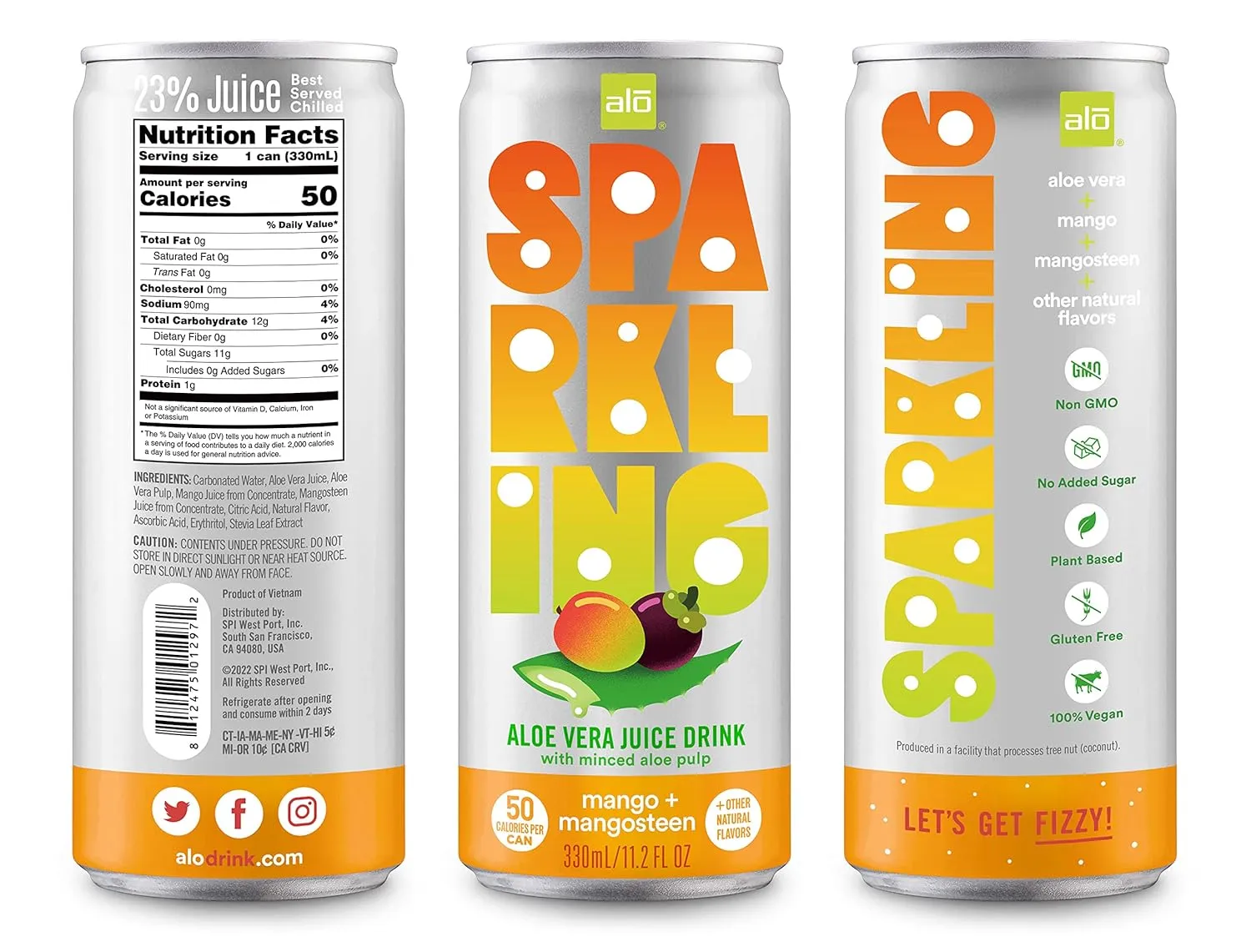 ALO Sparkling Mango & Mangosteen Carbonated Aloe Vera Juice Drink | 11.2 fl oz, Pack of 12 | Plant-Based Beverage, Vegan