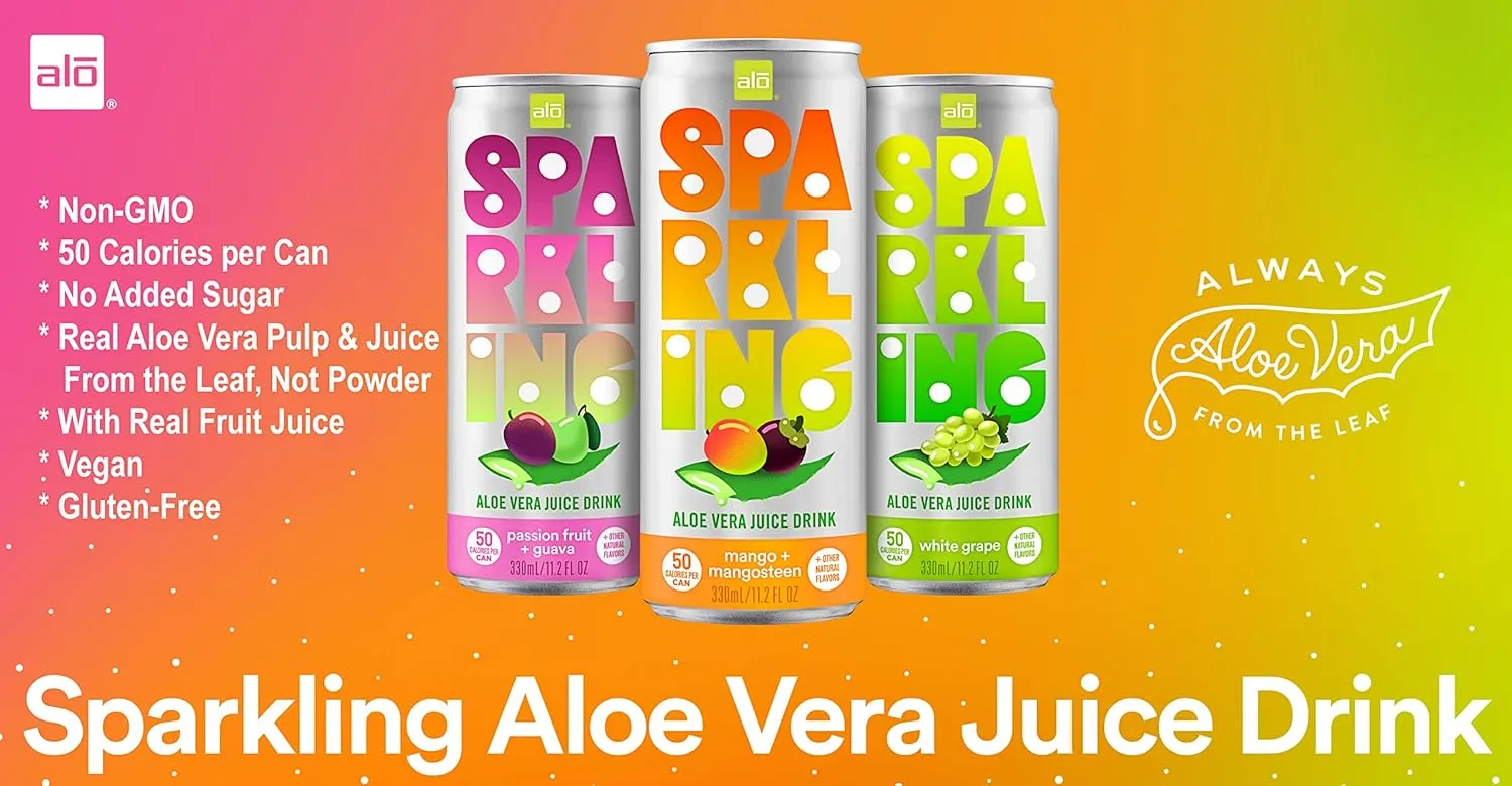 ALO Sparkling Mango & Mangosteen Carbonated Aloe Vera Juice Drink | 11.2 fl oz, Pack of 12 | Plant-Based Beverage, Vegan
