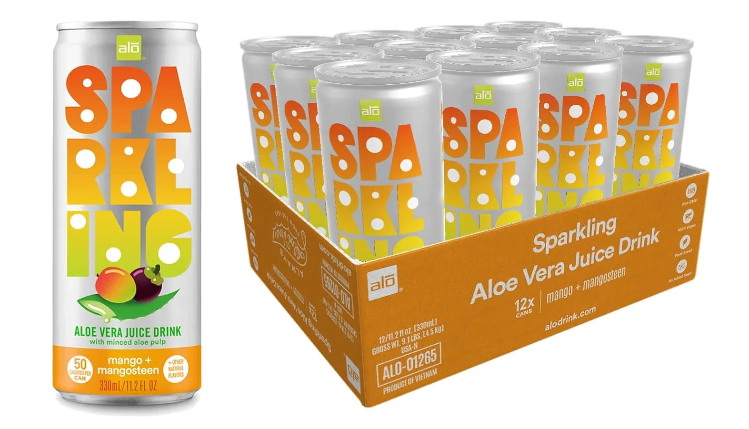 ALO Sparkling Mango & Mangosteen Carbonated Aloe Vera Juice Drink | 11.2 fl oz, Pack of 12 | Plant-Based Beverage, Vegan
