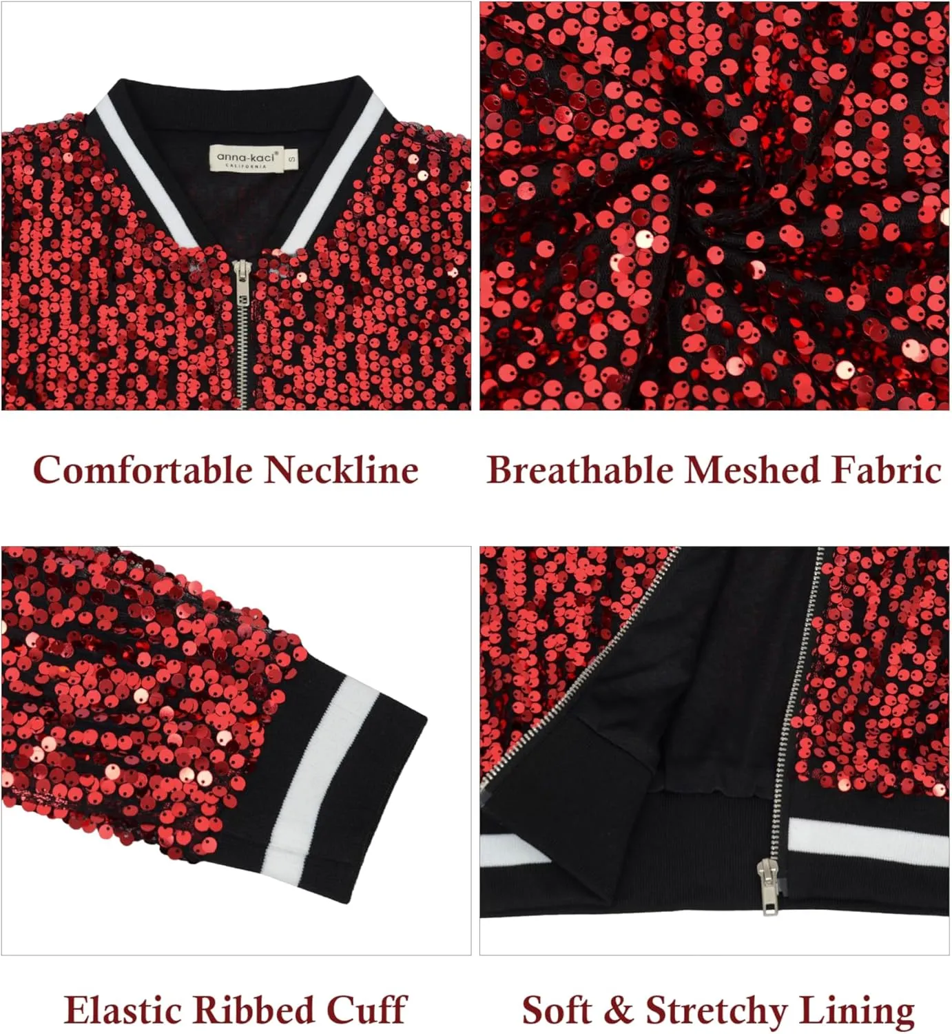 Anna-Kaci Women's Sparkly Sequin Jacket Long Sleeve Zipper Glitter Bomber Jacket Coat with Ribbed Stripe Cuff