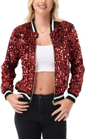Anna-Kaci Women's Sparkly Sequin Jacket Long Sleeve Zipper Glitter Bomber Jacket Coat with Ribbed Stripe Cuff