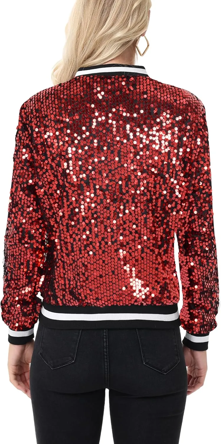 Anna-Kaci Women's Sparkly Sequin Jacket Long Sleeve Zipper Glitter Bomber Jacket Coat with Ribbed Stripe Cuff