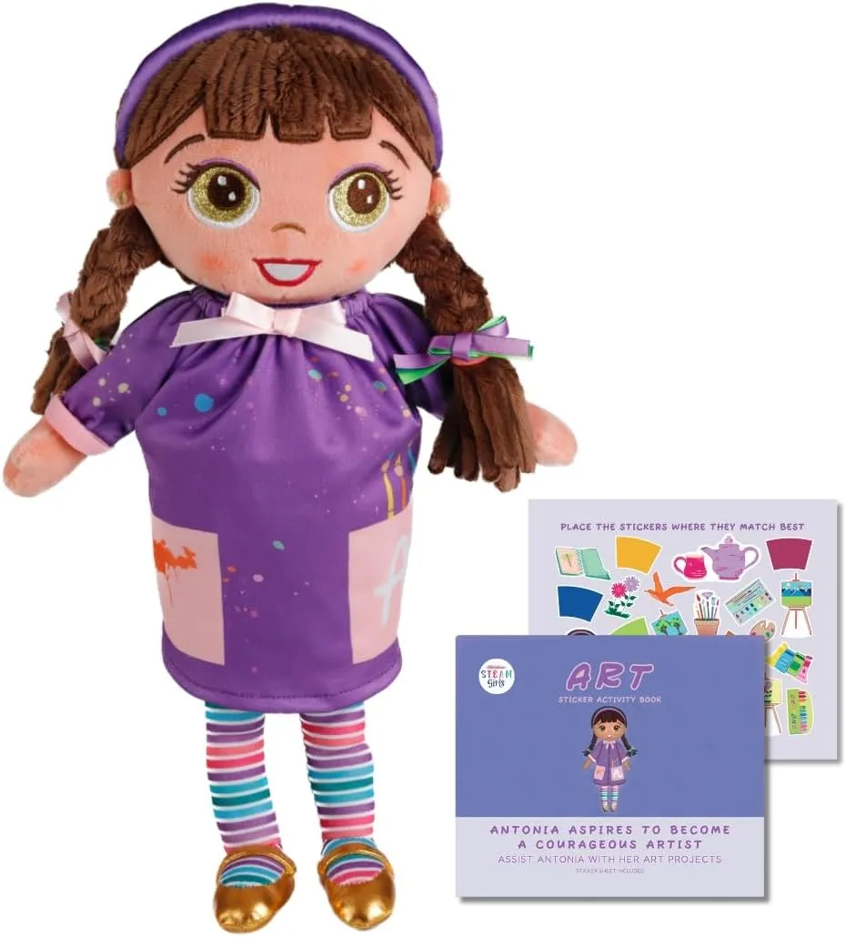 Antonia The Artist: 15-inch Plush Doll with Sticker Activity Book - Teaches stem, Girl Dolls, Educational Doll Toy, Inspirational Girls Doll, 3 
