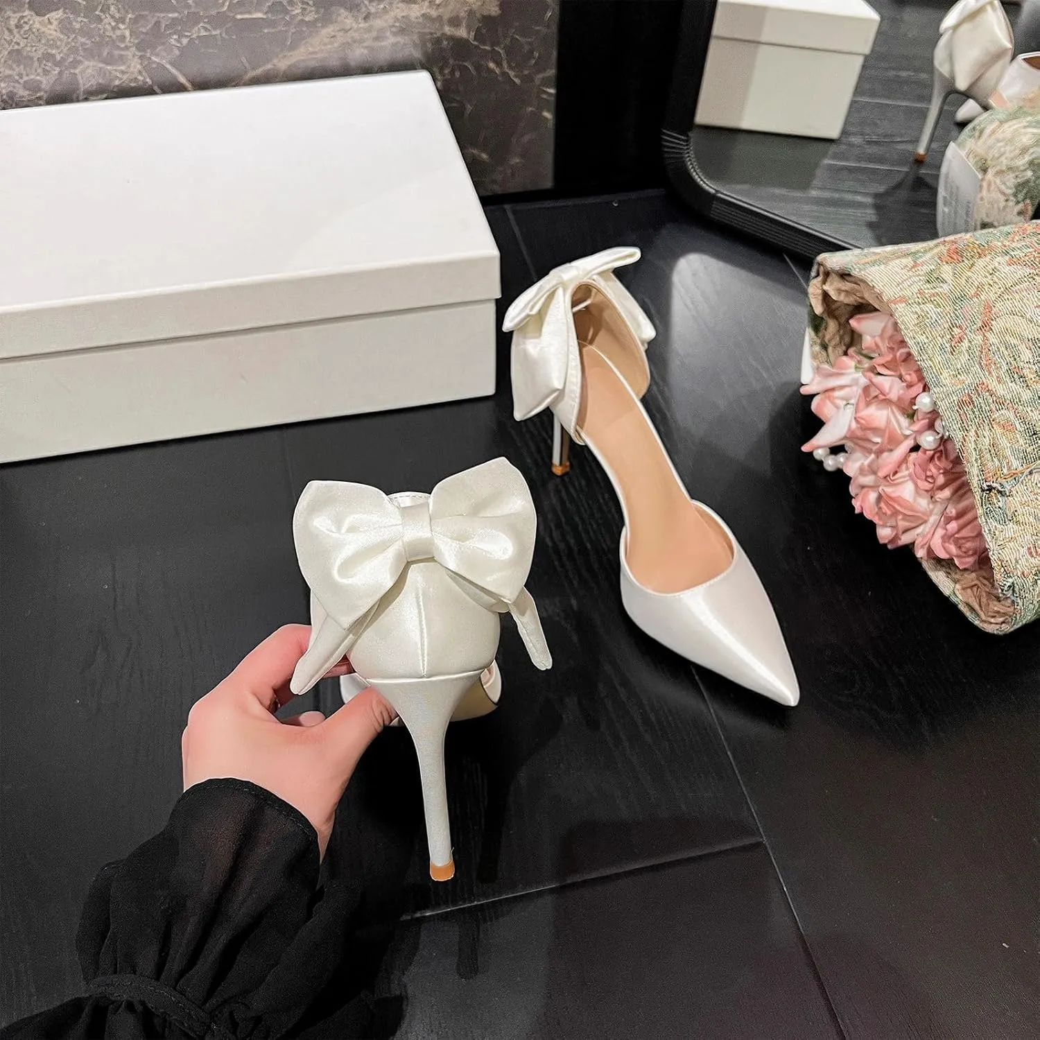 AOQUNFS Women's High Heels Closed Toe Stiletto Pointed Toe Satin Bow Ankle Dress Wedding Party Pumps Shoes