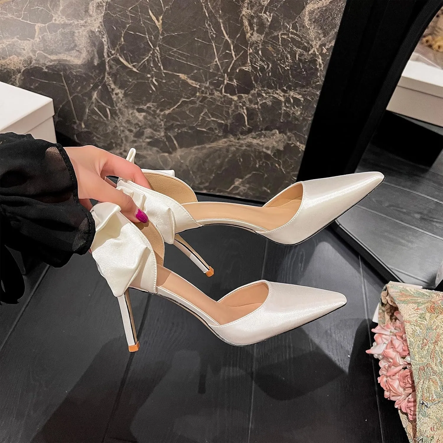 AOQUNFS Women's High Heels Closed Toe Stiletto Pointed Toe Satin Bow Ankle Dress Wedding Party Pumps Shoes