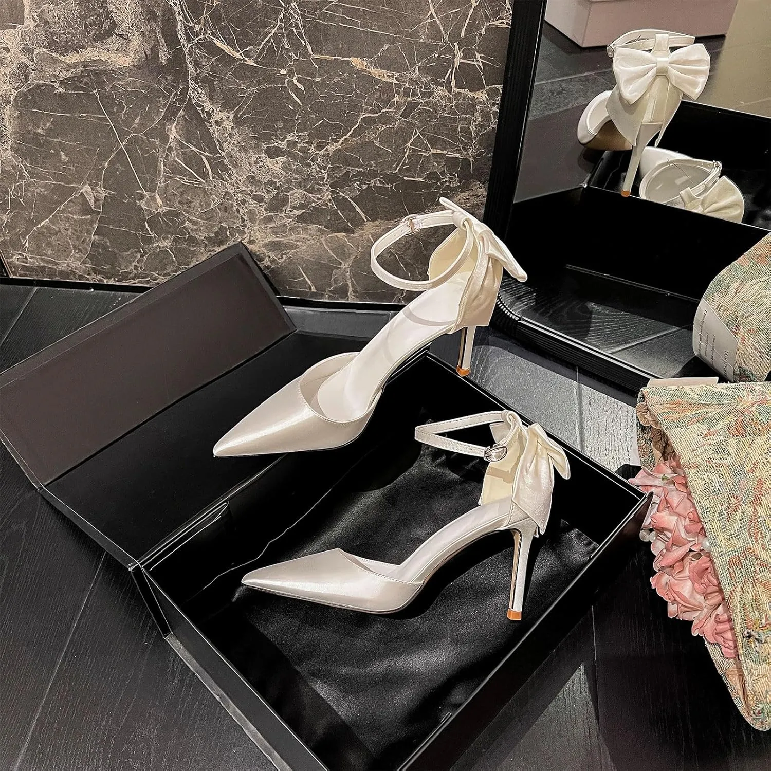 AOQUNFS Women's High Heels Strappy Closed Toe Stiletto Pointed Toe Satin Bow Ankle Dress Wedding Party Pumps Shoes