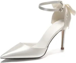 AOQUNFS Women's High Heels Strappy Closed Toe Stiletto Pointed Toe Satin Bow Ankle Dress Wedding Party Pumps Shoes