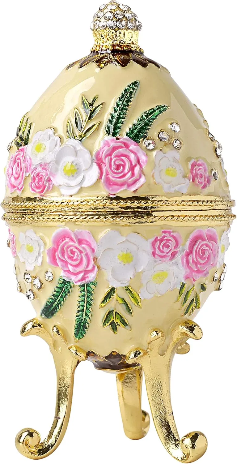 Apropos Hand- Painted Classic Vintage Style Faberge Egg with Rich Enamel and Sparkling Rhinestones Jewelry Trinket Box (Light Yellow)