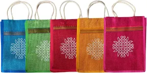 Artistic Jute Tote Bag with Vibrant Rangoli Print - Eco-friendly and Stylish Carryall for a Splash of Traditional Elegance - Indian Return Gift Bags, Large, Maroon