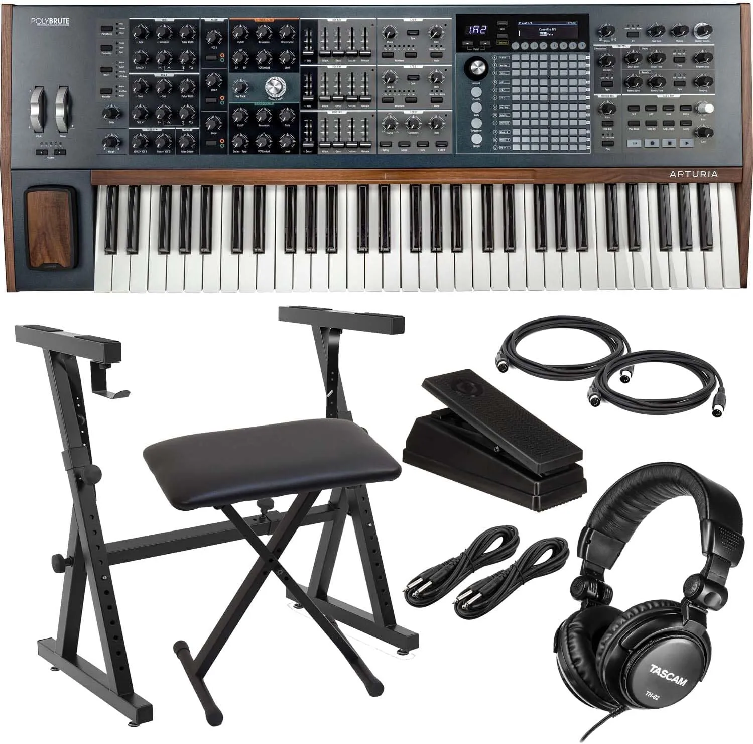 Arturia PolyBrute 6-Voice Analog Synthesizer, Heavy Duty Stand and Bench, Moog EP-3, (2)1/4 Cables, (2) Midi Cables, TH02 Bundle