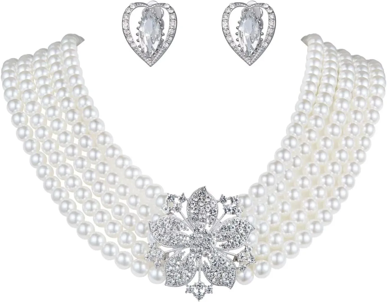 Audrey Hepburn Style Faux Pearl Necklace Set Strand Ear clip or Stud Pin on Earrings for selection Wedding Inspired by Breakfast at Tiffany's for Women LFFJ038