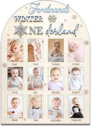 Aukolass Snowflake Themed One Year of Wood Photo Board, My First Year Photo Frame 12 Months Milestone Board for Winter Wonderland 1st Birthday Decorations Gift (blue, 2×3)