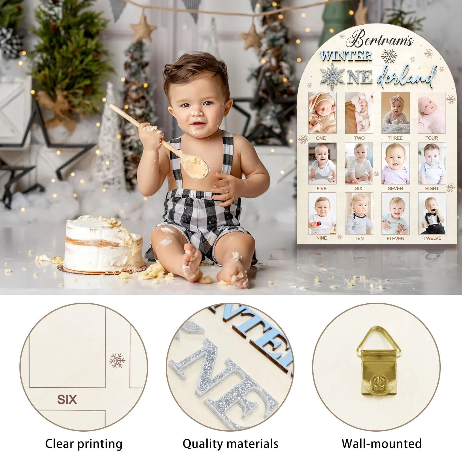 Aukolass Snowflake Themed One Year of Wood Photo Board, My First Year Photo Frame 12 Months Milestone Board for Winter Wonderland 1st Birthday Decorations Gift (blue, 2×3)