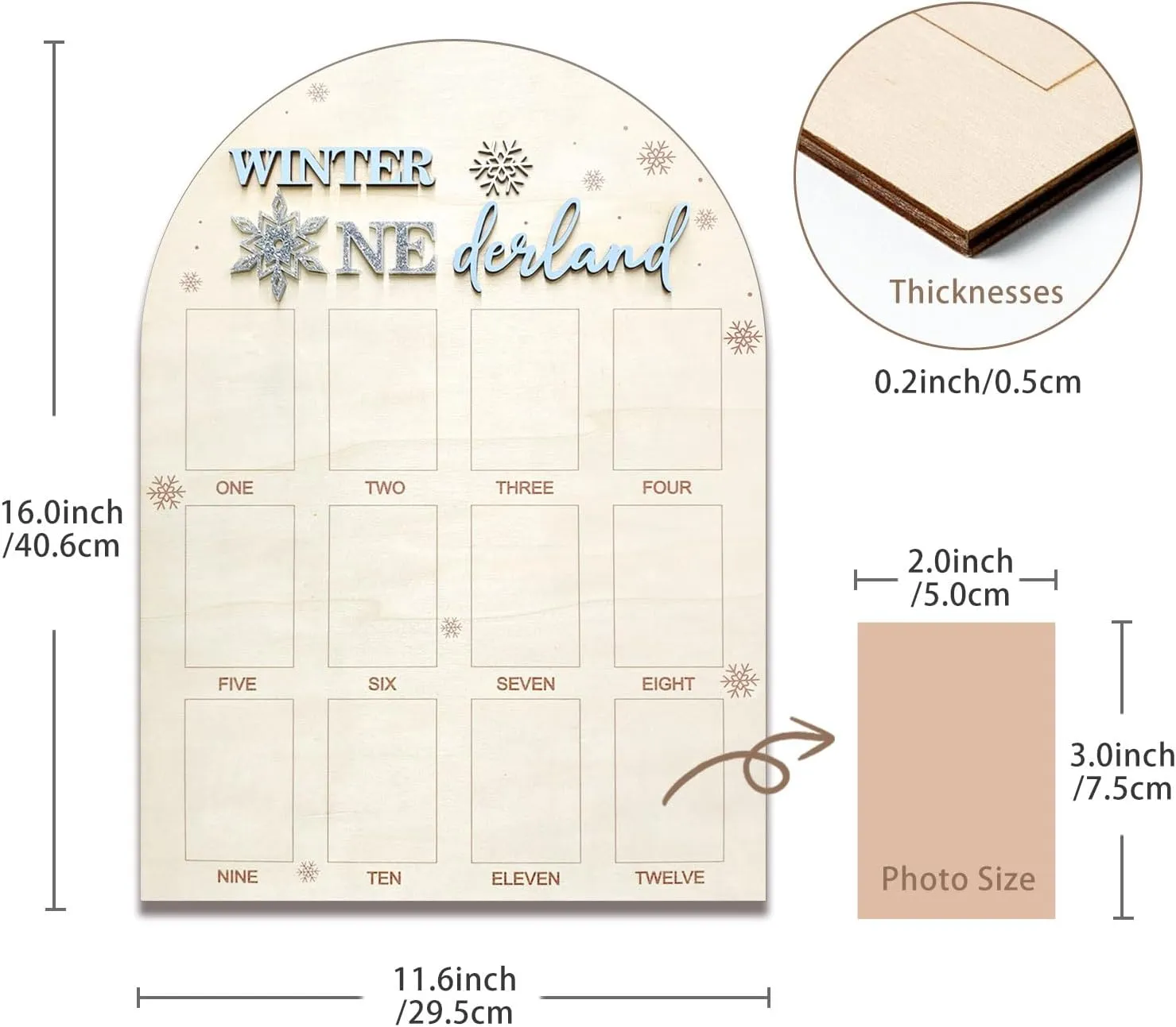 Aukolass Snowflake Themed One Year of Wood Photo Board, My First Year Photo Frame 12 Months Milestone Board for Winter Wonderland 1st Birthday Decorations Gift (blue, 2×3)