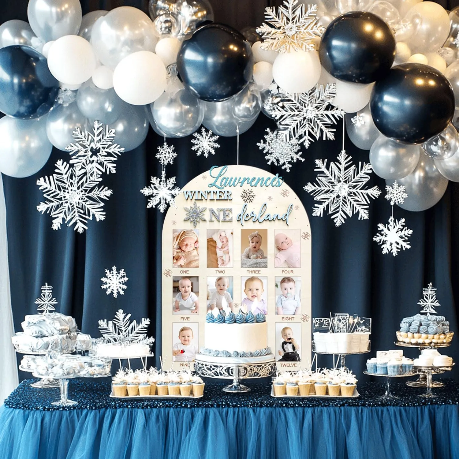 Aukolass Snowflake Themed One Year of Wood Photo Board, My First Year Photo Frame 12 Months Milestone Board for Winter Wonderland 1st Birthday Decorations Gift (blue, 2×3)