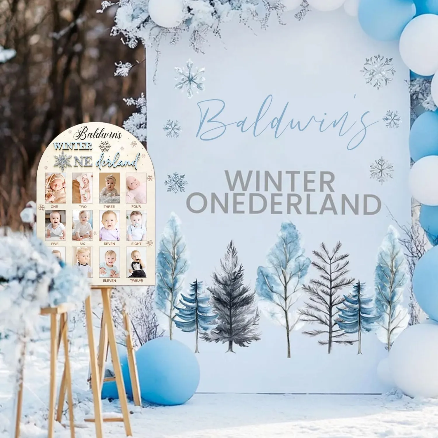 Aukolass Snowflake Themed One Year of Wood Photo Board, My First Year Photo Frame 12 Months Milestone Board for Winter Wonderland 1st Birthday Decorations Gift (blue, 2×3)