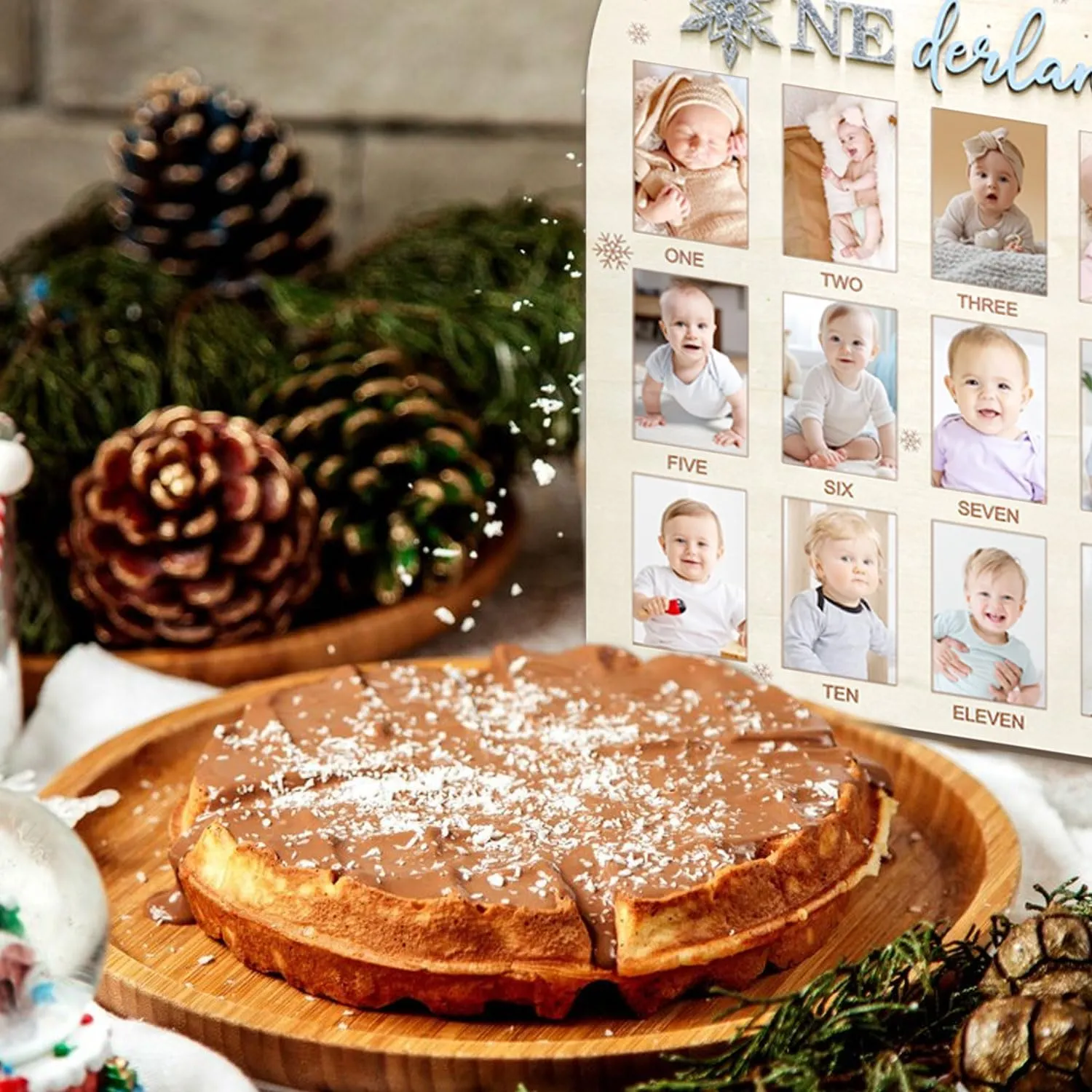 Aukolass Snowflake Themed One Year of Wood Photo Board, My First Year Photo Frame 12 Months Milestone Board for Winter Wonderland 1st Birthday Decorations Gift (blue, 2×3)