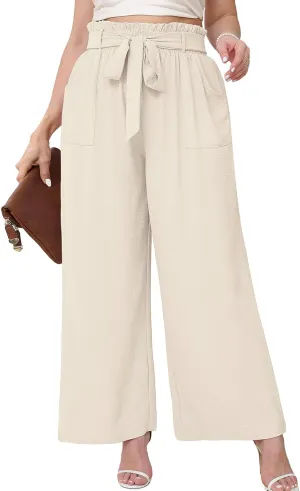 AusLook Women's Plus Size Wide Leg Lounge Pants with Pockets High Waisted Palazzo Adjustable Tie Knot Flowy Trousers