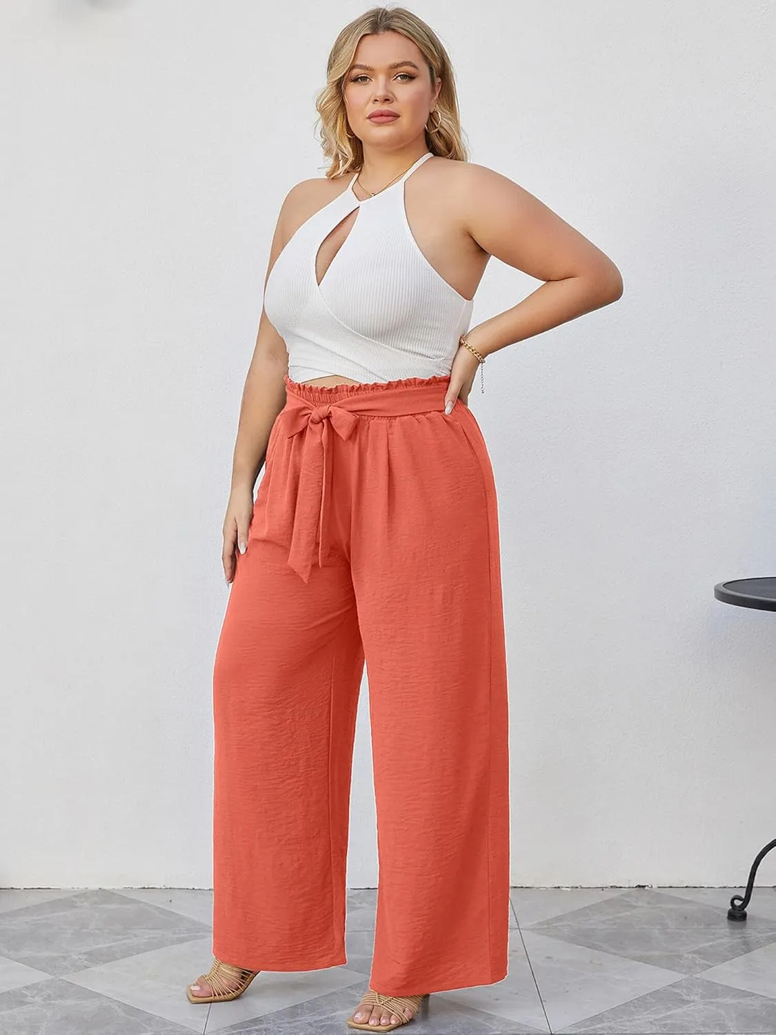 AusLook Women's Plus Size Wide Leg Lounge Pants with Pockets High Waisted Palazzo Adjustable Tie Knot Trousers