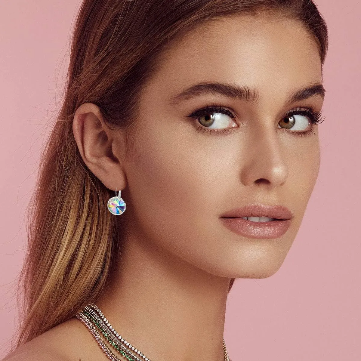 Austrian Crystals Round Drop Leverback Earrings for Women 14K Gold Plated Hypoallergenic Hoop Earrings