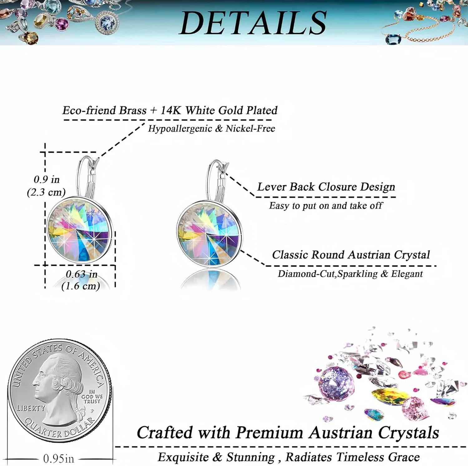 Austrian Crystals Round Drop Leverback Earrings for Women 14K Gold Plated Hypoallergenic Hoop Earrings