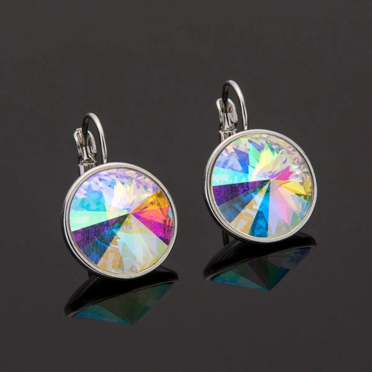 Austrian Crystals Round Drop Leverback Earrings for Women 14K Gold Plated Hypoallergenic Hoop Earrings