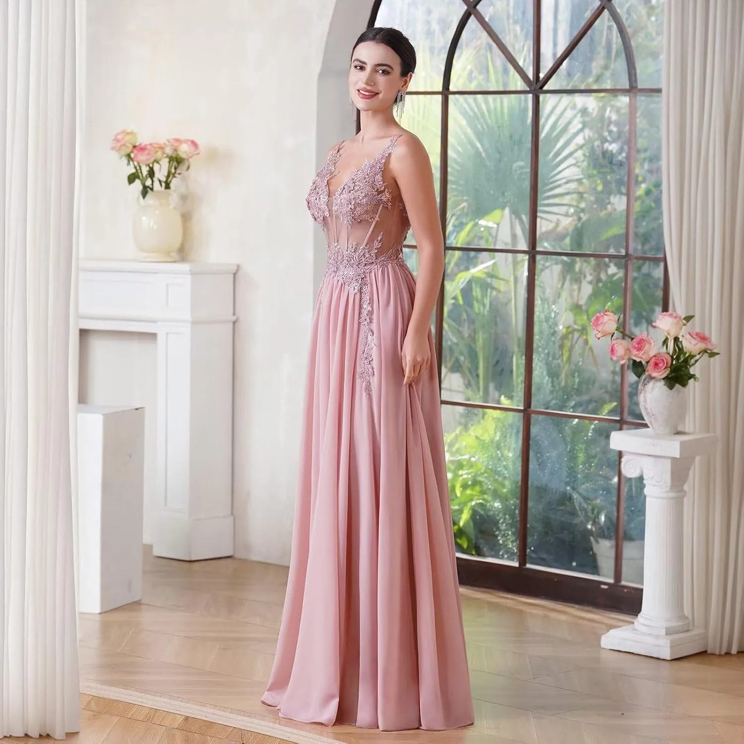BABYONLINE D.R.E.S.S. Women's Bridesmaid Dresses Handmade Appliques V Neck Elegant Chiffon Wedding Guest Dresses 3038