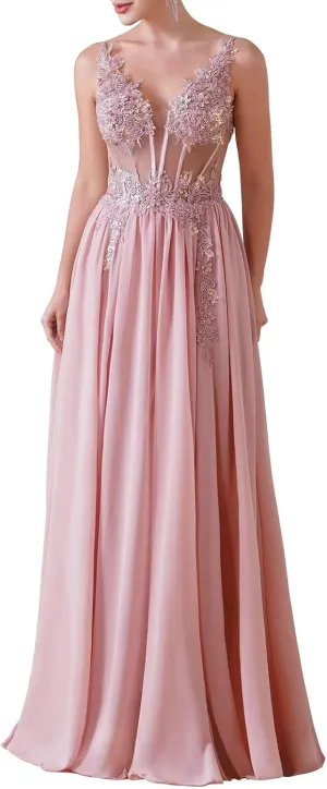 BABYONLINE D.R.E.S.S. Women's Bridesmaid Dresses Handmade Appliques V Neck Elegant Chiffon Wedding Guest Dresses 3038