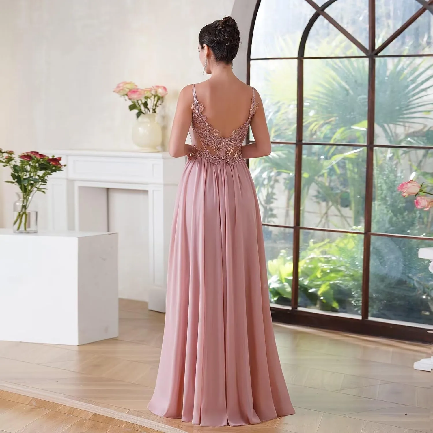 BABYONLINE D.R.E.S.S. Women's Bridesmaid Dresses Handmade Appliques V Neck Elegant Chiffon Wedding Guest Dresses 3038
