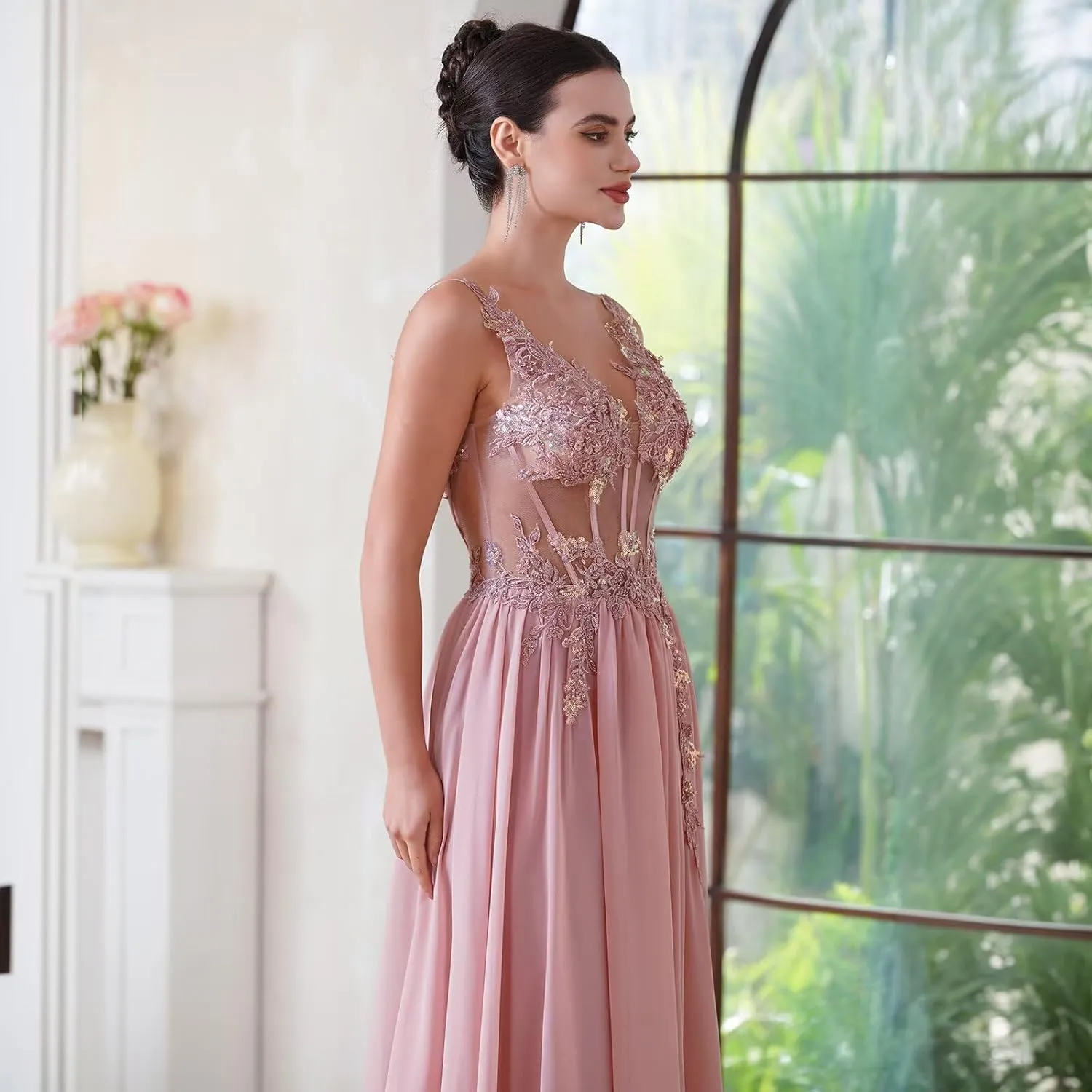 BABYONLINE D.R.E.S.S. Women's Bridesmaid Dresses Handmade Appliques V Neck Elegant Chiffon Wedding Guest Dresses 3038