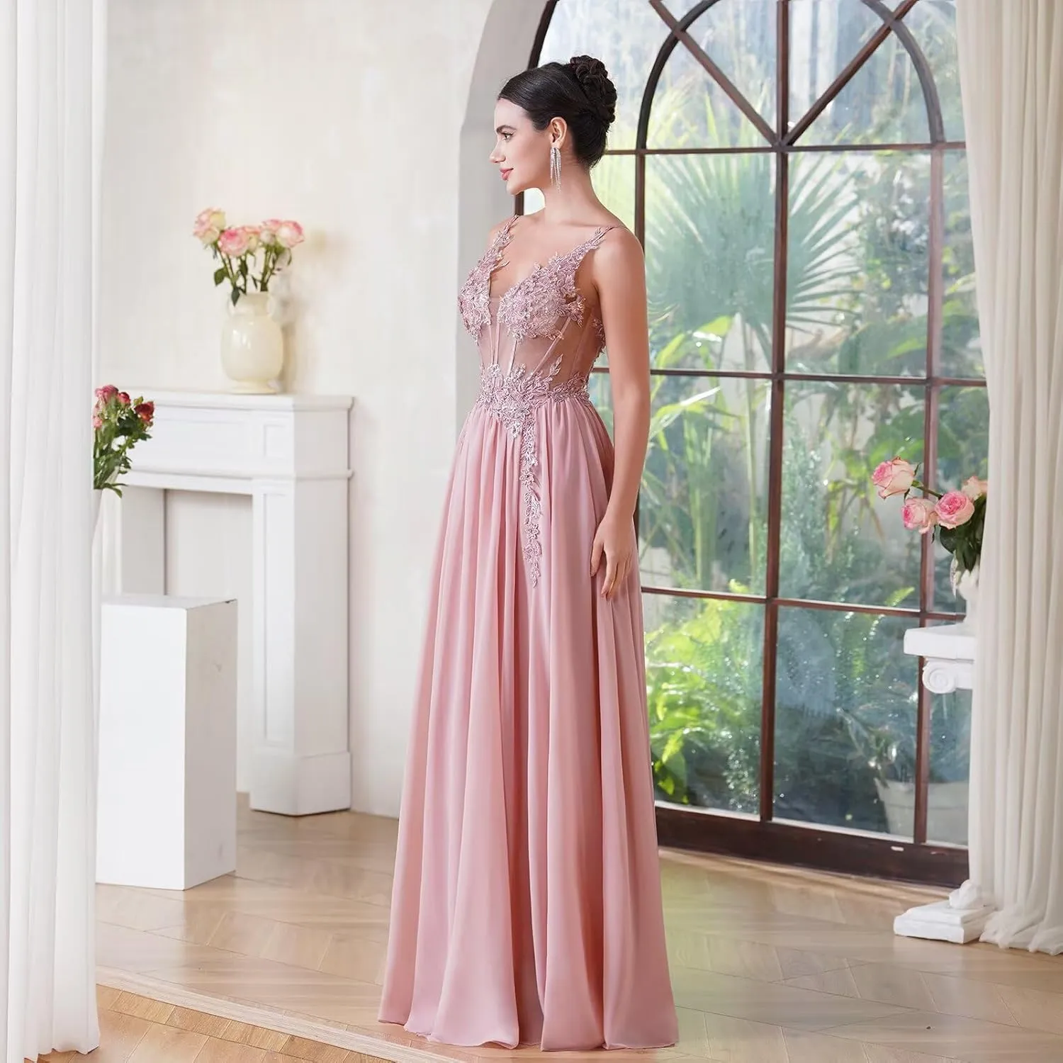 BABYONLINE D.R.E.S.S. Women's Bridesmaid Dresses Handmade Appliques V Neck Elegant Chiffon Wedding Guest Dresses 3038
