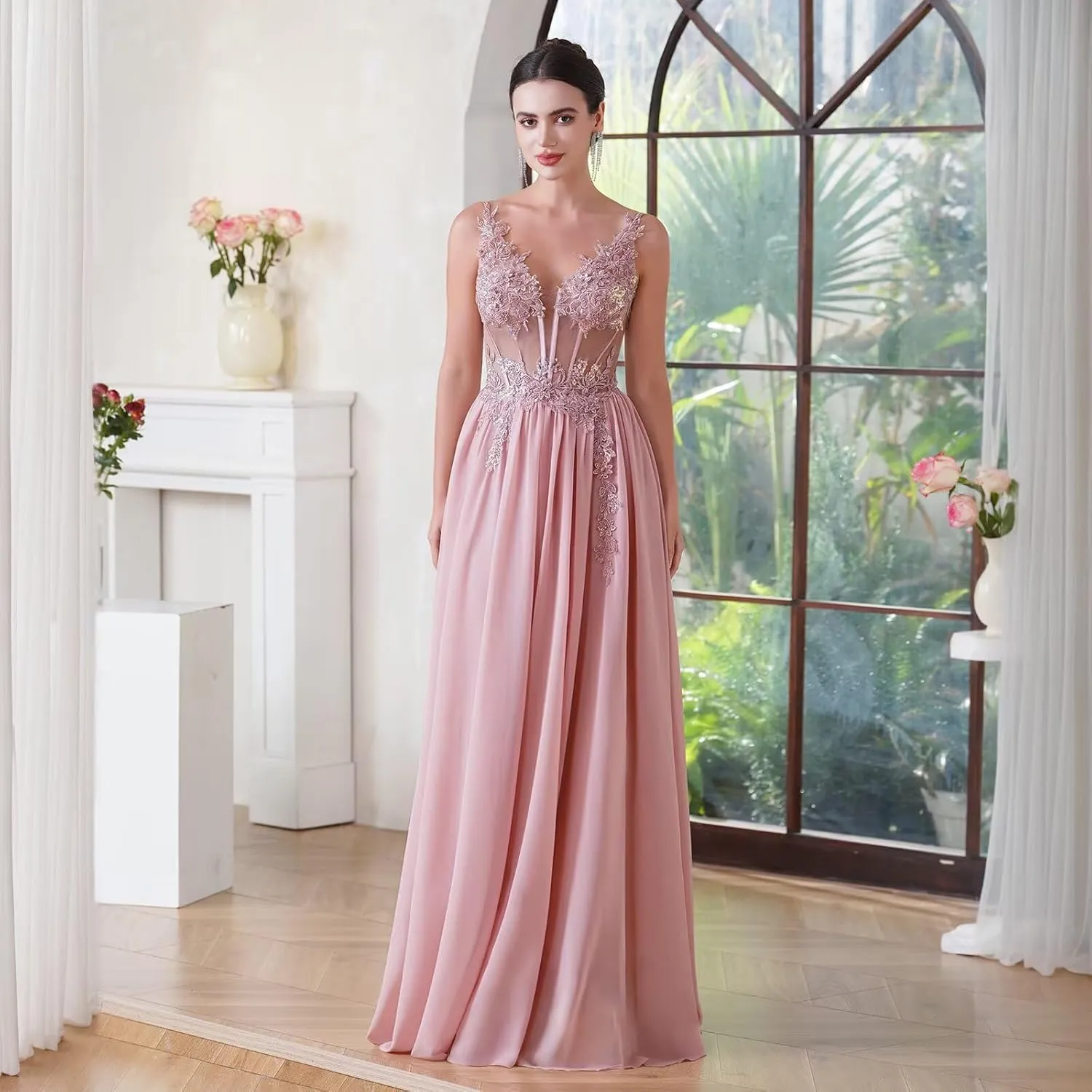 BABYONLINE D.R.E.S.S. Women's Bridesmaid Dresses Handmade Appliques V Neck Elegant Chiffon Wedding Guest Dresses 3038