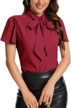 Bbonlinedress Womens Bow Tie Neck Button Down Shirts Short Sleeve Summer Office Tops Dressy Casual Business Work Blouses