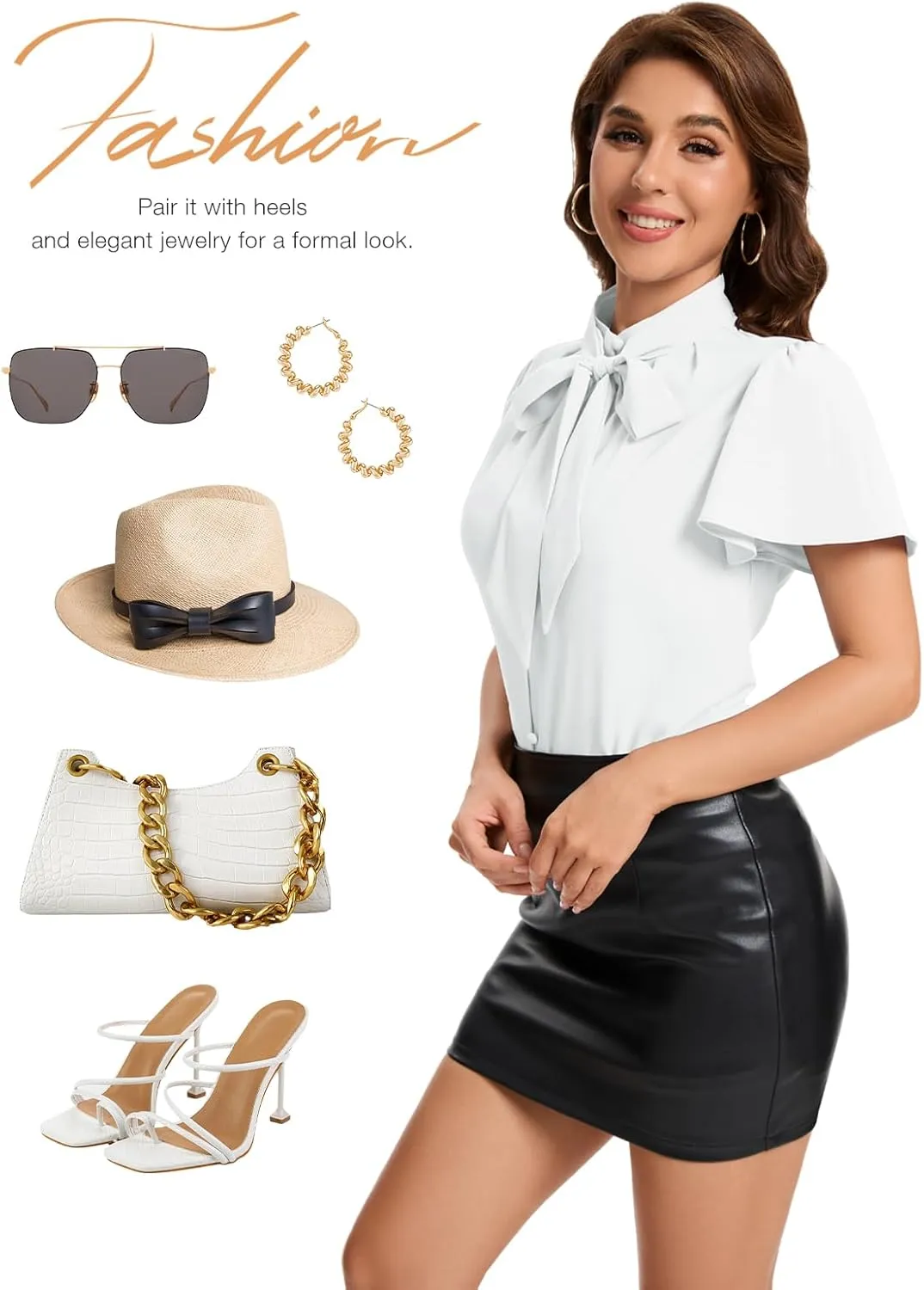 Bbonlinedress Womens Bow Tie Neck Button Down Shirts Short Sleeve Summer Office Tops Dressy Casual Business Work Blouses