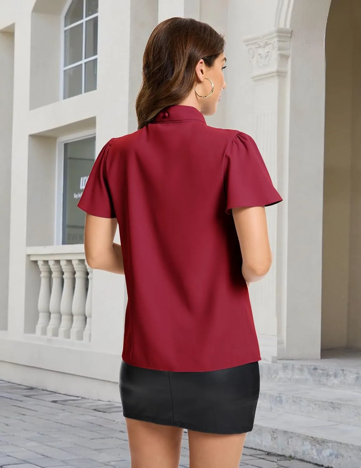 Bbonlinedress Womens Bow Tie Neck Button Down Shirts Short Sleeve Summer Office Tops Dressy Casual Business Work Blouses