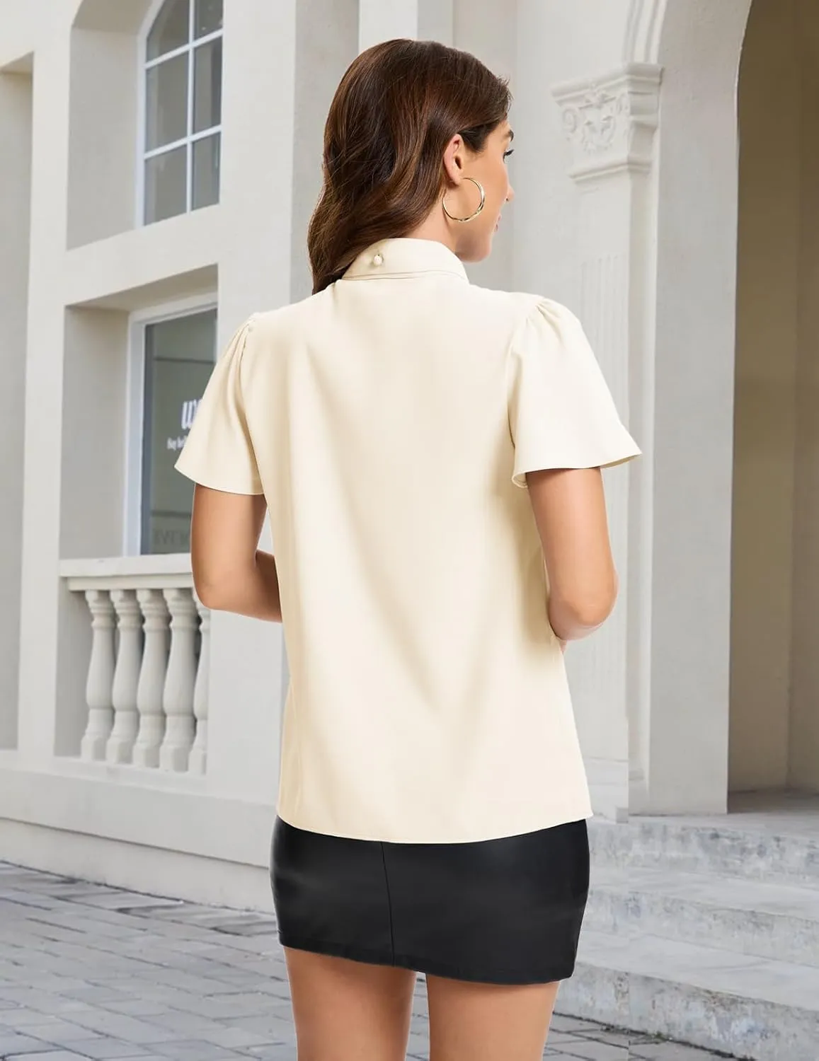 Bbonlinedress Womens Bow Tie Neck Button Down Shirts Short Sleeve Summer Office Tops Dressy Casual Business Work Blouses
