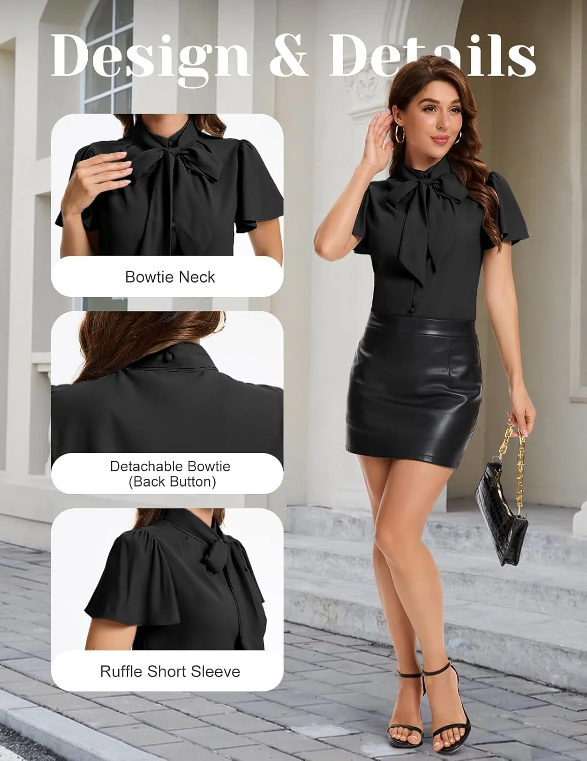 Bbonlinedress Womens Bow Tie Neck Button Down Shirts Short Sleeve Summer Office Tops Dressy Casual Business Work Blouses
