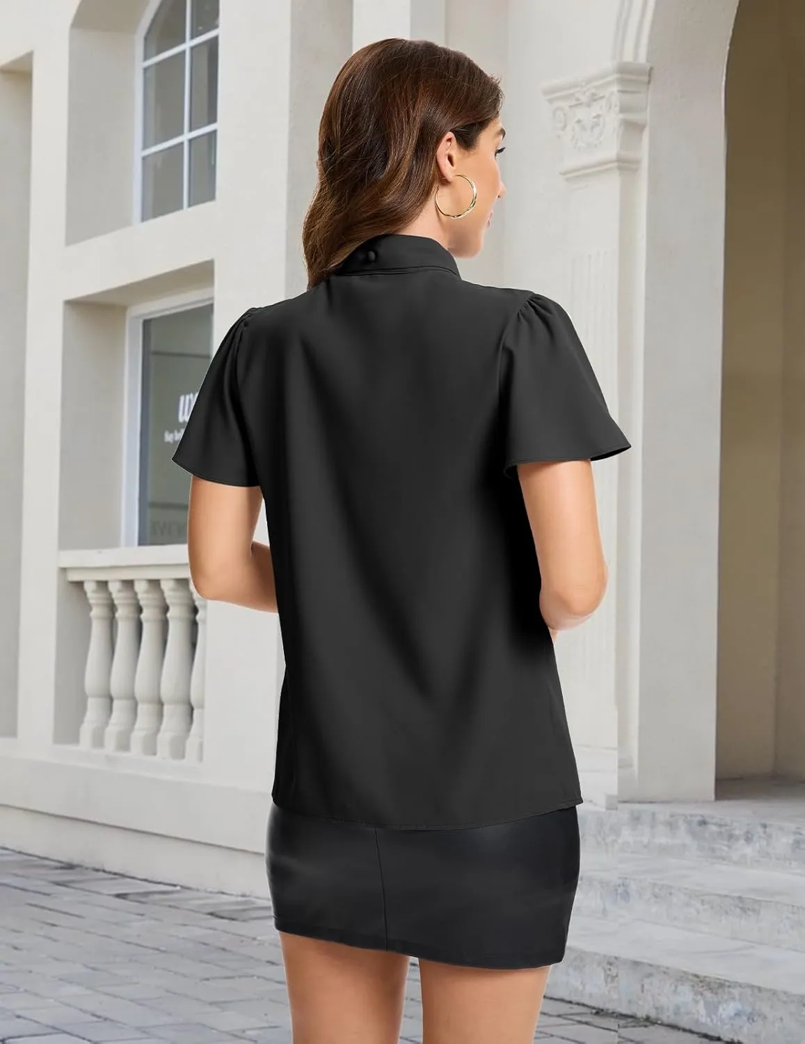 Bbonlinedress Womens Bow Tie Neck Button Down Shirts Short Sleeve Summer Office Tops Dressy Casual Business Work Blouses