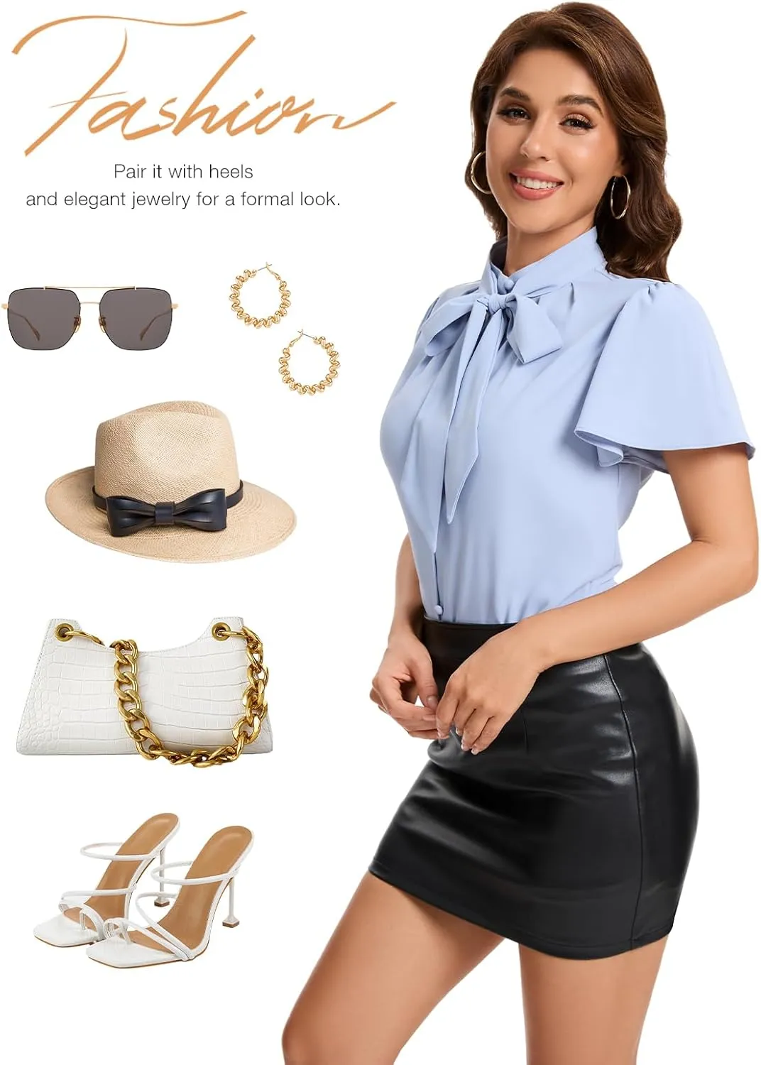 Bbonlinedress Womens Bow Tie Neck Button Down Shirts Short Sleeve Summer Office Tops Dressy Casual Business Work Blouses
