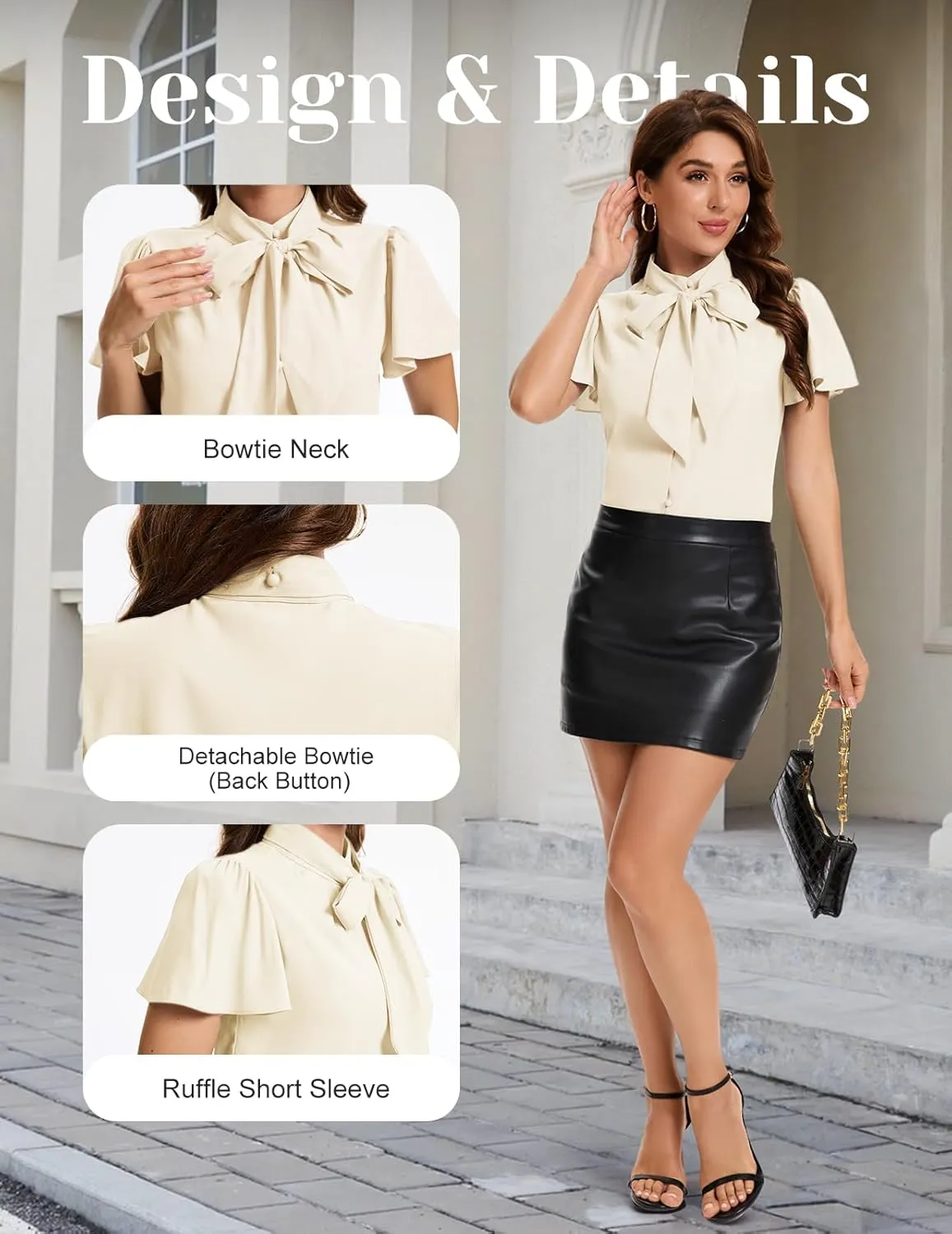 Bbonlinedress Womens Bow Tie Neck Button Down Shirts Short Sleeve Summer Office Tops Dressy Casual Business Work Blouses