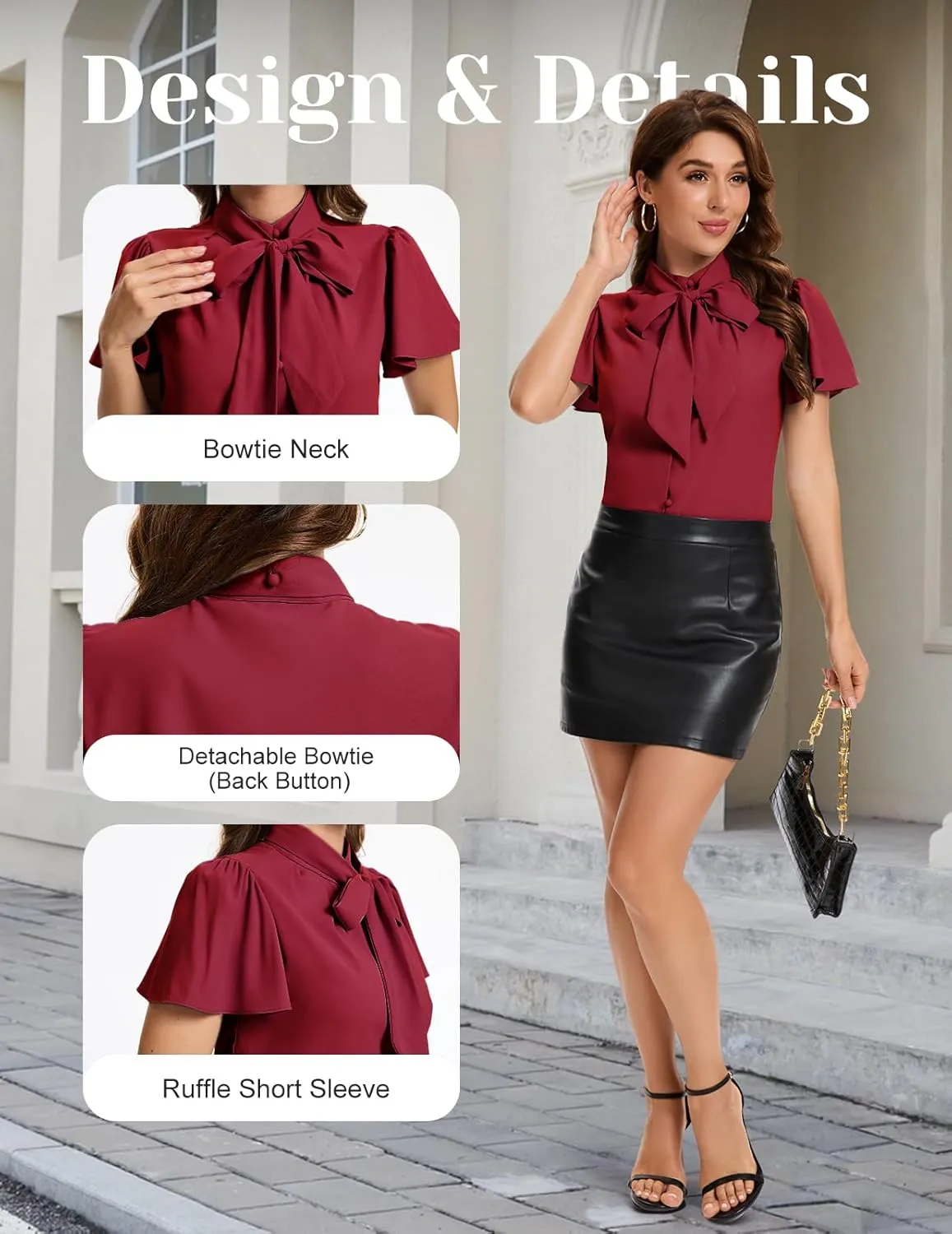 Bbonlinedress Womens Bow Tie Neck Button Down Shirts Short Sleeve Summer Office Tops Dressy Casual Business Work Blouses