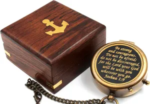 Be Strong and Courageous, Do Not Be Afraid Brass Engraved Compass with Stamped Wooden Case – Inspirational Birthday, Confirmation, and Baptism Gifts – Brown