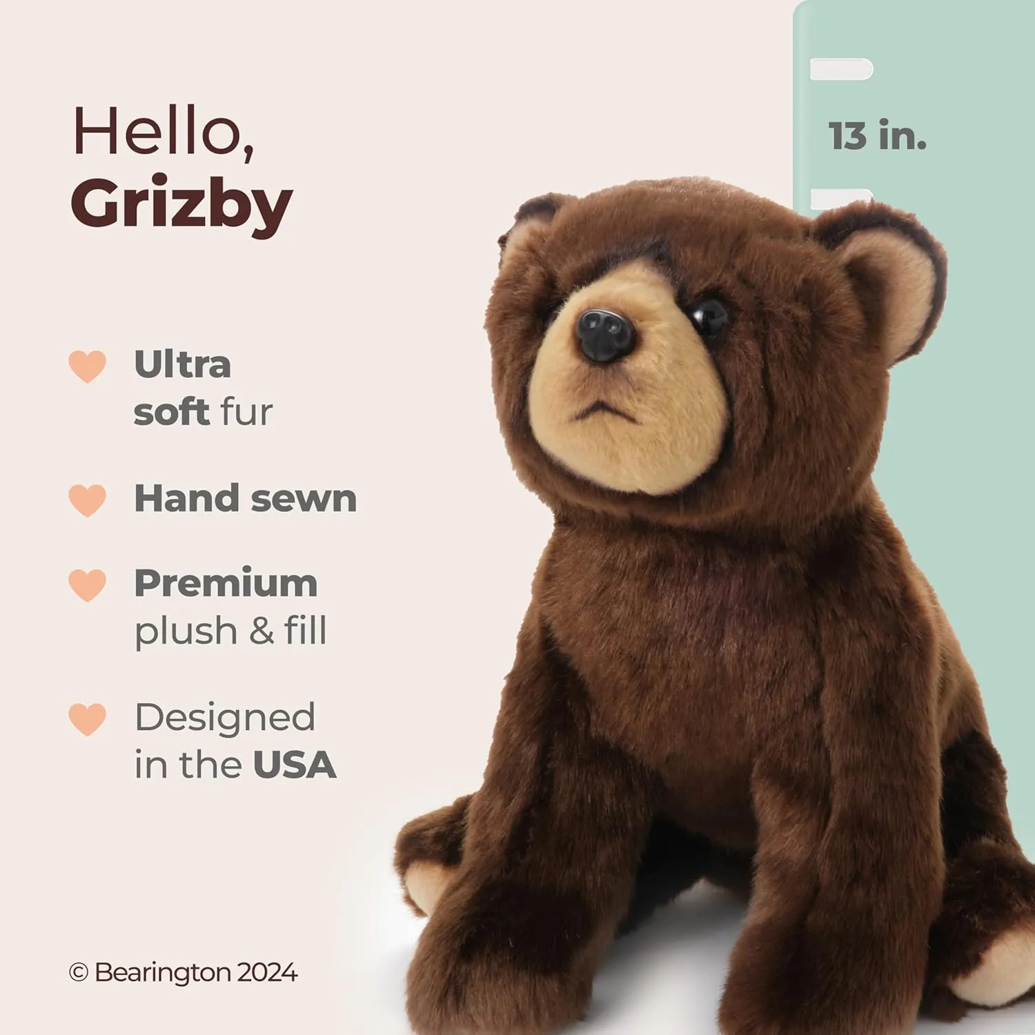 Bearington Grizby The Brown Bear: 13 Inches Tall, Realistic Plush Stuffed Animal Toy with Ultra-Soft Faux Fur, Premium Fill, Expressive Face and Floppy Body; Great Gift for Animal Lovers of All Ages