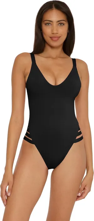 BECCA Women's Standard Color Prism High Leg One Piece Swimsuit-Scoop Neck, Open Back Design, Bathing Suits