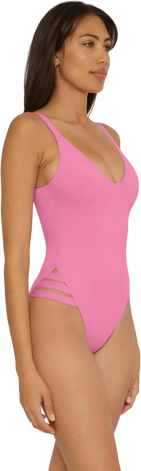 BECCA Women's Standard Color Prism High Leg One Piece Swimsuit-Scoop Neck, Open Back Design, Bathing Suits