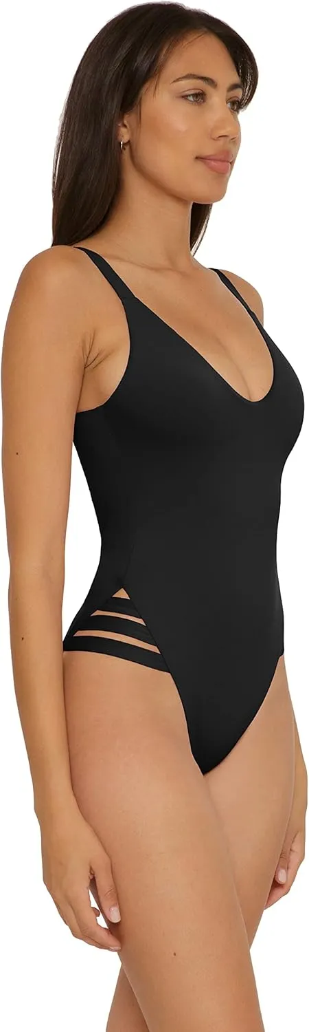 BECCA Women's Standard Color Prism High Leg One Piece Swimsuit-Scoop Neck, Open Back Design, Bathing Suits